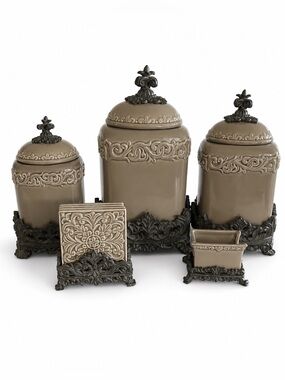 Drake Design Taupe Tuscan Scroll Fleur De Lis Canister Set Coasters Caddy